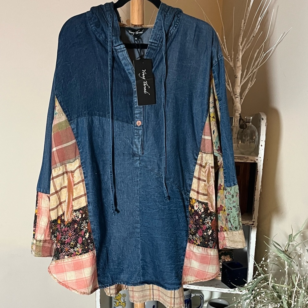 Trendy Hooded Denim Tunic with Multicolor Patchwork
